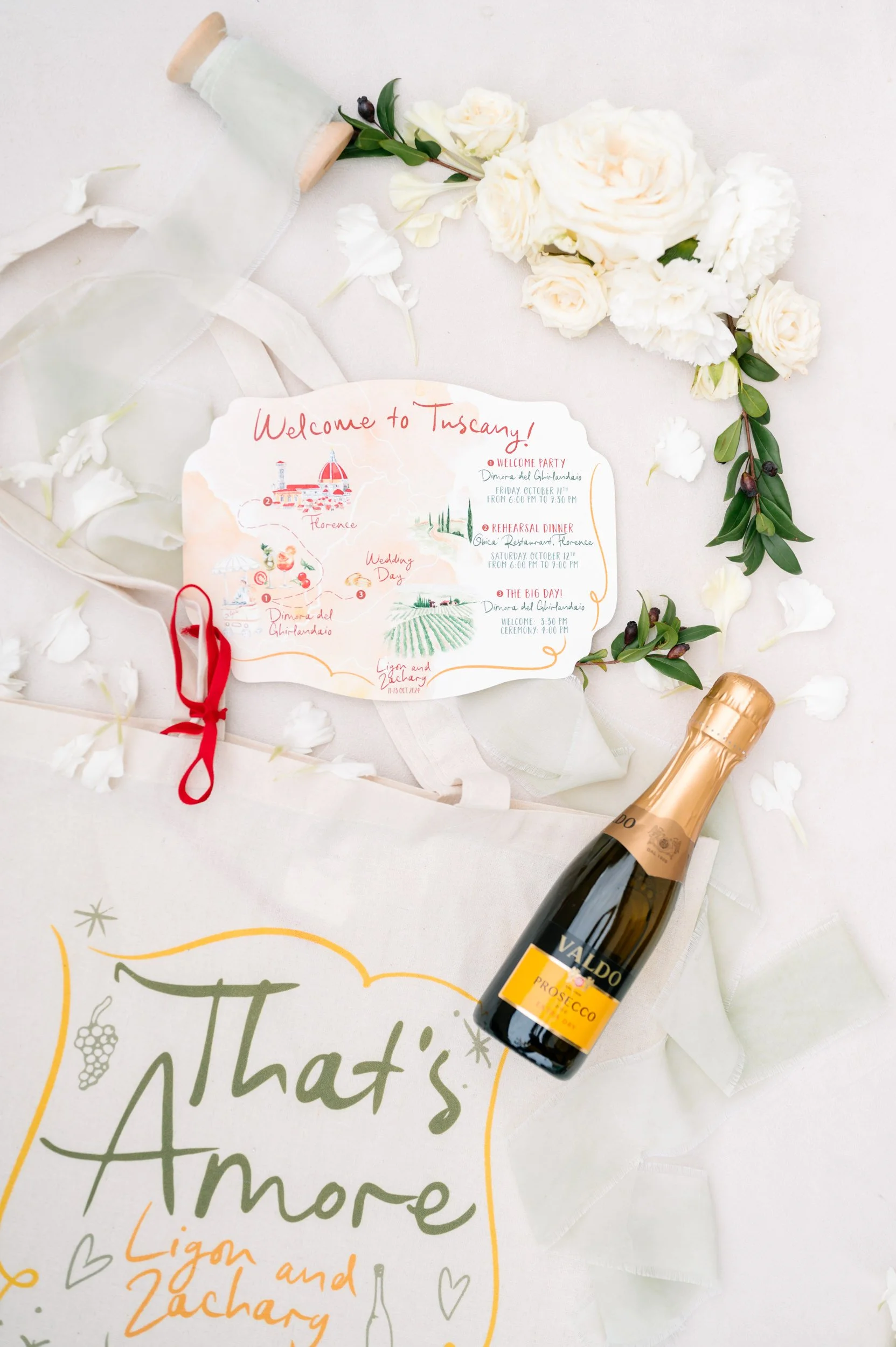 Wedding welcome sign with handmade lettering that says 'That's Amoré', 'Ligon and Zachary', surrounded by white flowers, a bottle of Valdo Prosecco, and a colorful map and schedule for a wedding in Tuscany.