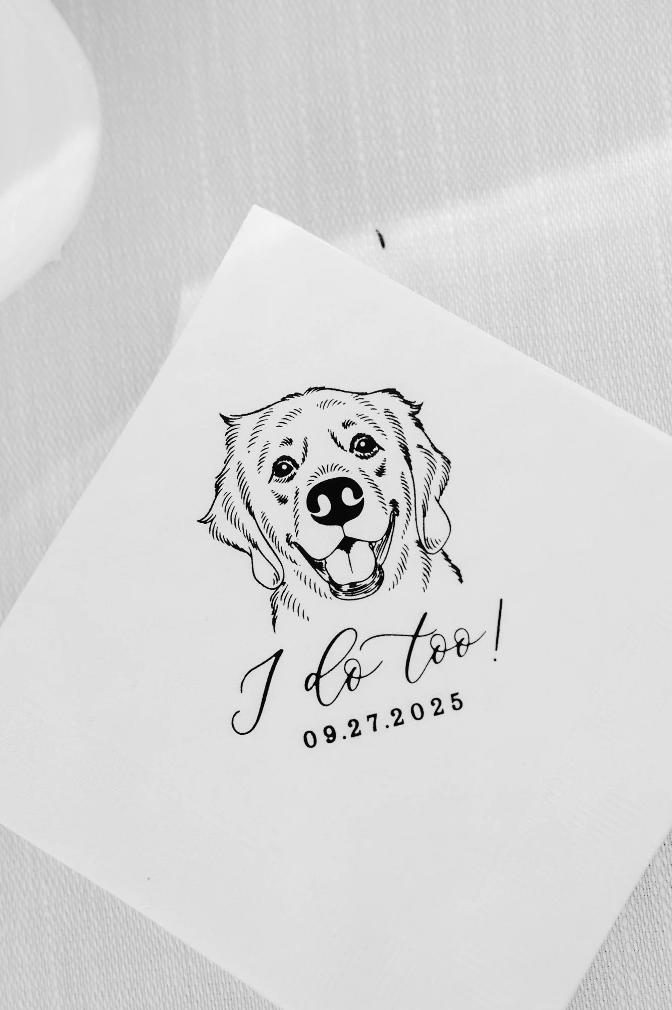 Invitation card with a line drawing of a happy dog's face, the text 'I do too!' and the date '09.27.2025'.