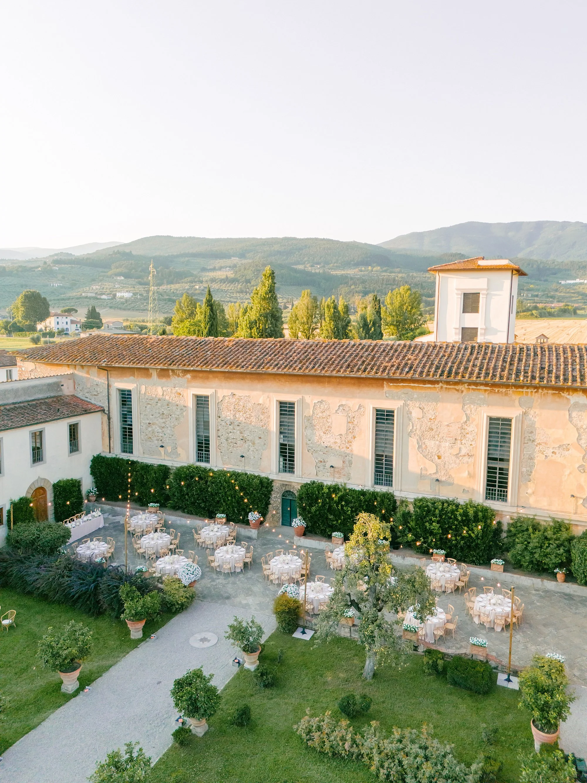 Luxury wedding venue in Tuscany, reception, aerial view of Villa Pazzi al Parugiano  during golden hour, photographed by Letizia Maccarini