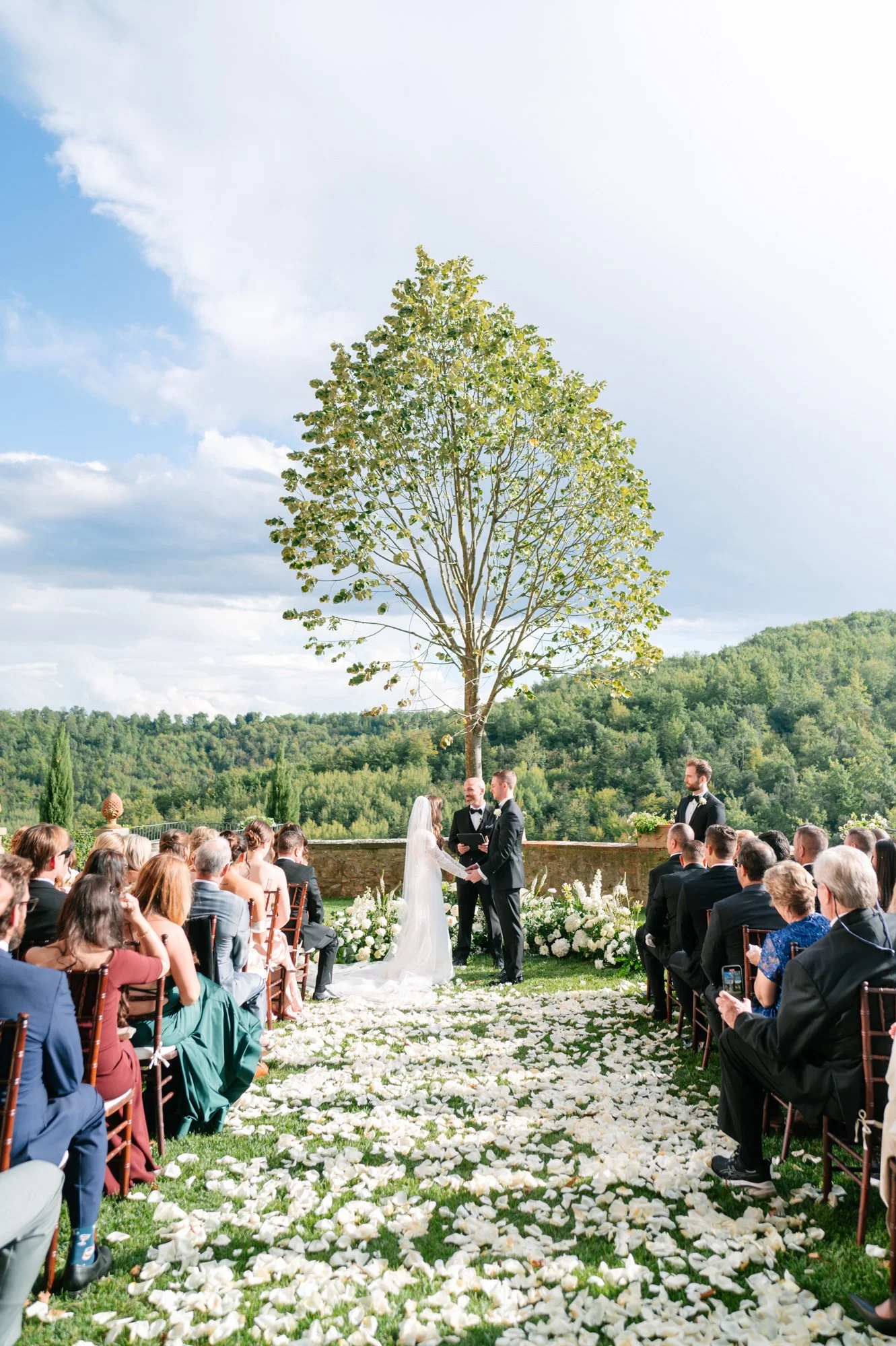 Outdoor wedding ceremony with a bride and groom standing before an officiant, surrounded by guests seated on both sides, under a large tree against a backdrop of green hills and a partly cloudy sky.