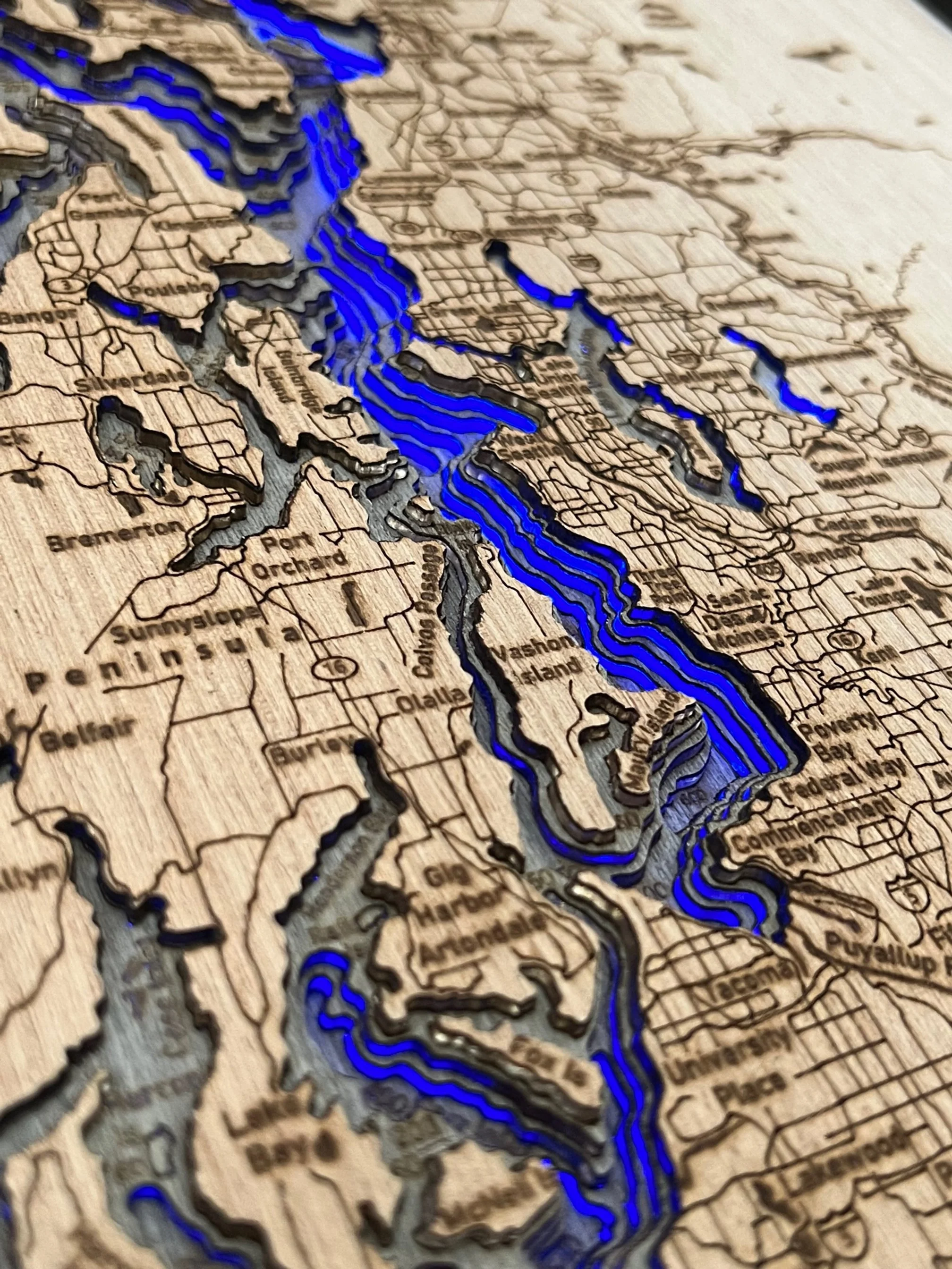 WA Coastline Bella Map WOOD - Bella Maps Wood 3d Map Backlit Blue (WA Coastline) 2