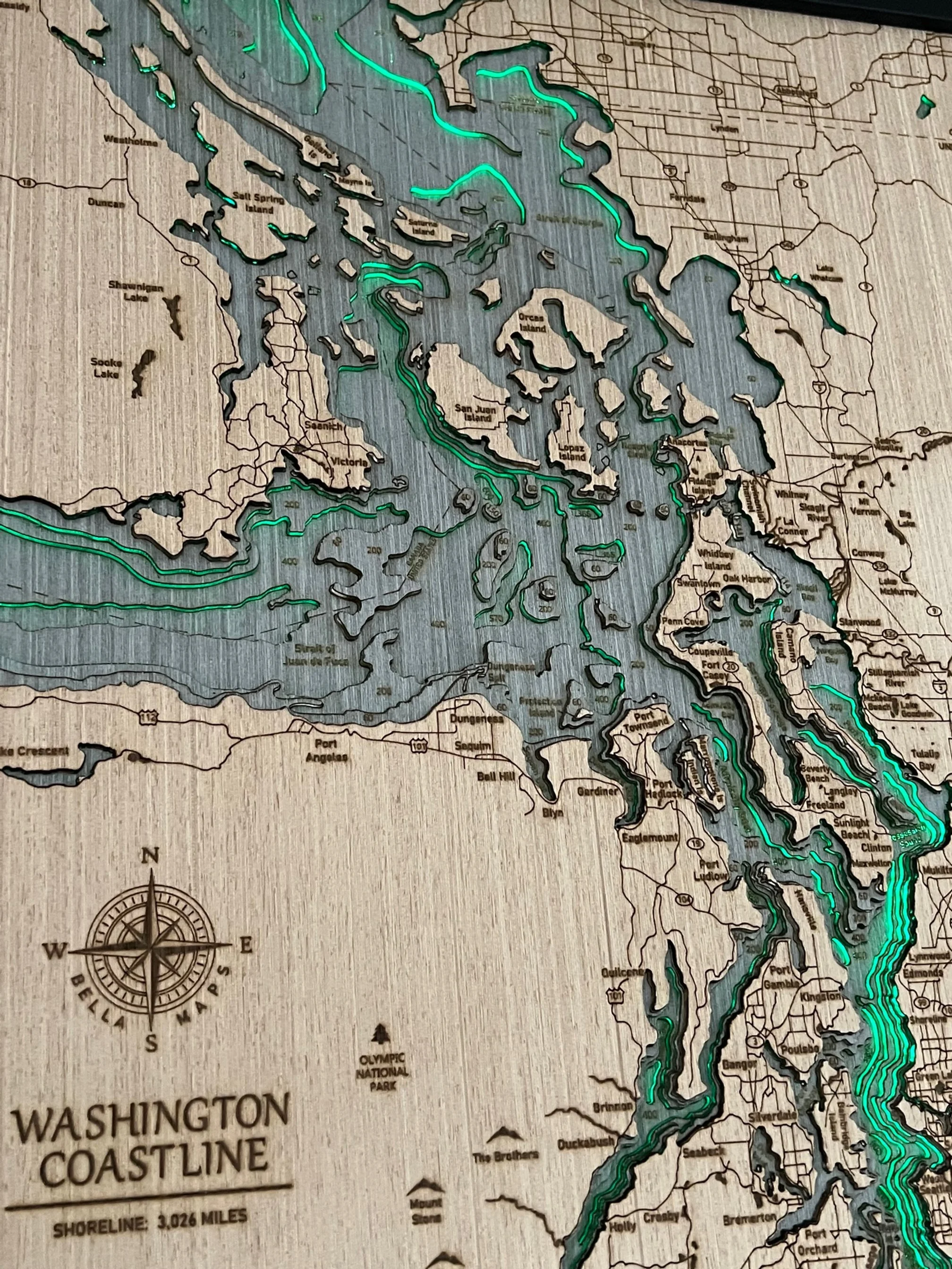 WA Coastline Bella Map WOOD - Bella Maps Wood 3d Map Backlit Green (WA Coastline) 3