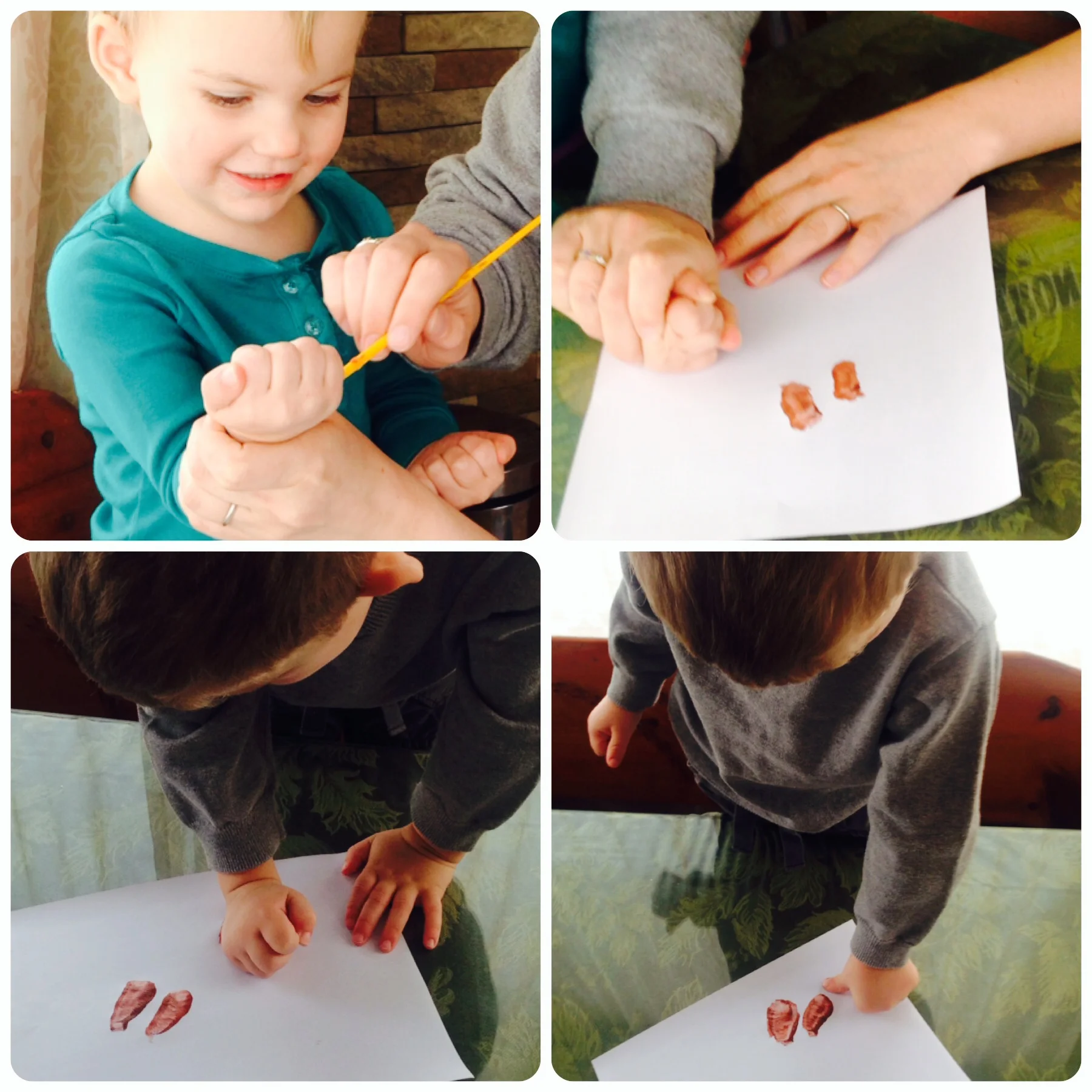  22 month old Gemma needed a lot of guidance while 3.5 year old Greyson dove right into stamping (Mom applied the paint).