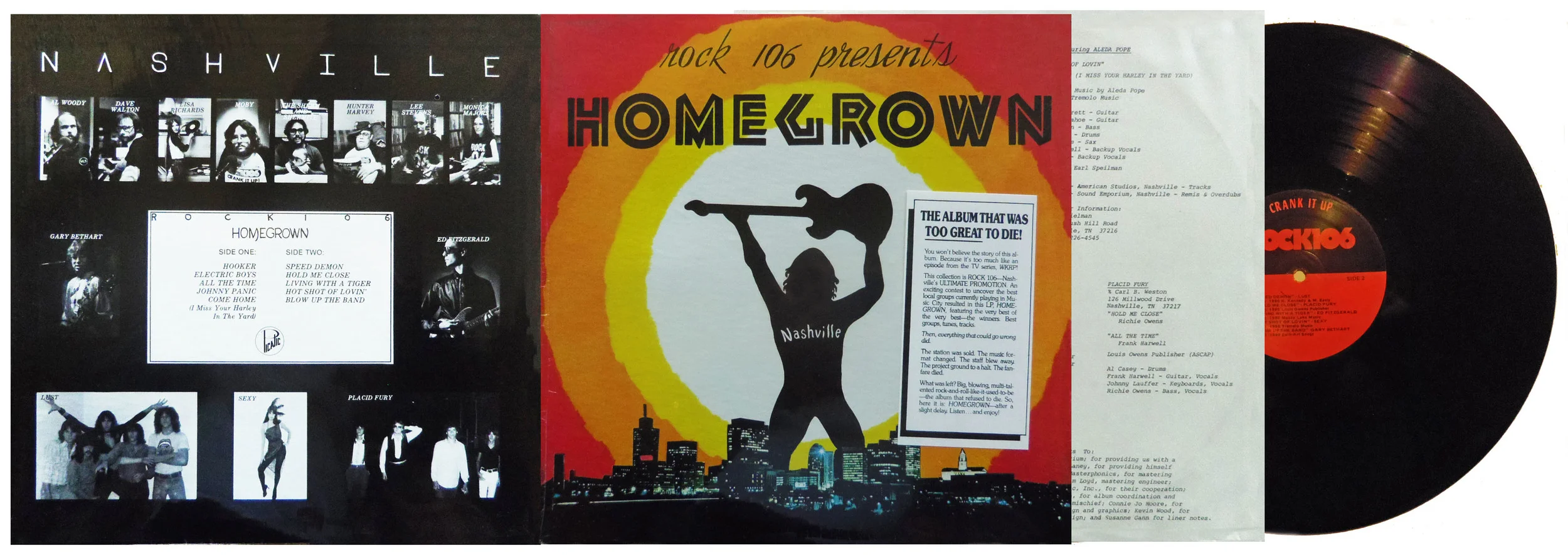 A slice of no-wave Nashville music history. Collection of 12 songs by six artists compiled by the short-lived radio powerhouse ROCK 106 and Picalic Music . 2 early tracks from Ed Fitzgerald Civic Duty : Johnny Panic & Living With A Tiger Recorded at Belmont Turnley Studio / Mixed at Sound Emporium A . Mastering by Masterfonics . 33 1/3rpm Vinyl from United Record Pressing. Virgin shrink-wrapped heavy cardstock slipcase w/ printed paper inner sleeve. Additional audiophile anti-static sleeve included Additional heavy vinyl protective jacket included. Blow up the band. A rarity. ORDER HERE : Amazon.