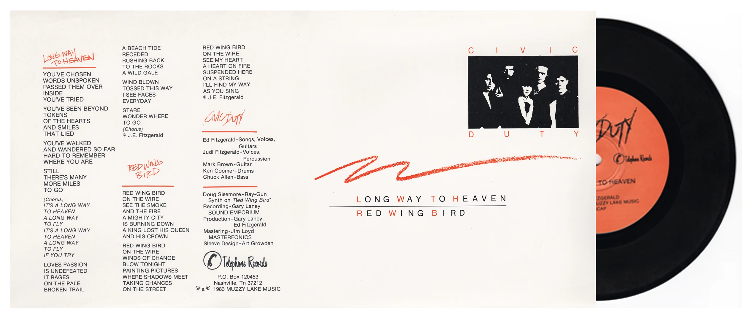 2 Billboard Recommended classic tracks: Long Way To Heaven b/w Red Wing Bird Recorded at Sound Emporium A. Disc Mastering by Masterfonics . 45 RPM vinyl by United Record Pressing .. Small spindle hole. Virgin shrink-wrapped 8x8 heavy cardstock jacket. Additional protective vinyl insert sleeve included. Play it and play it again. Very limited quantities. Order Here: Amazon Buy the Civic Duty 45RPM and the Civic Duty 12"EP and get the complete SHELTER collection on Compact Disc - FREE .