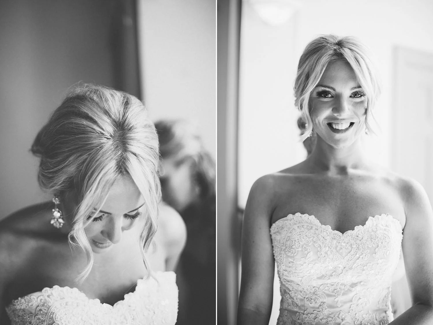 The bride gets in her dress