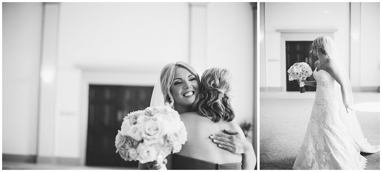 The bride hugs her sister and waits for her dad