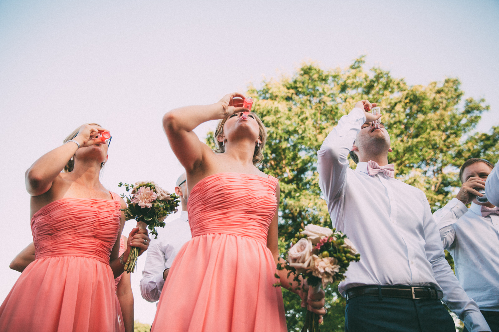 Bride and groom impromptu toast with wedding party