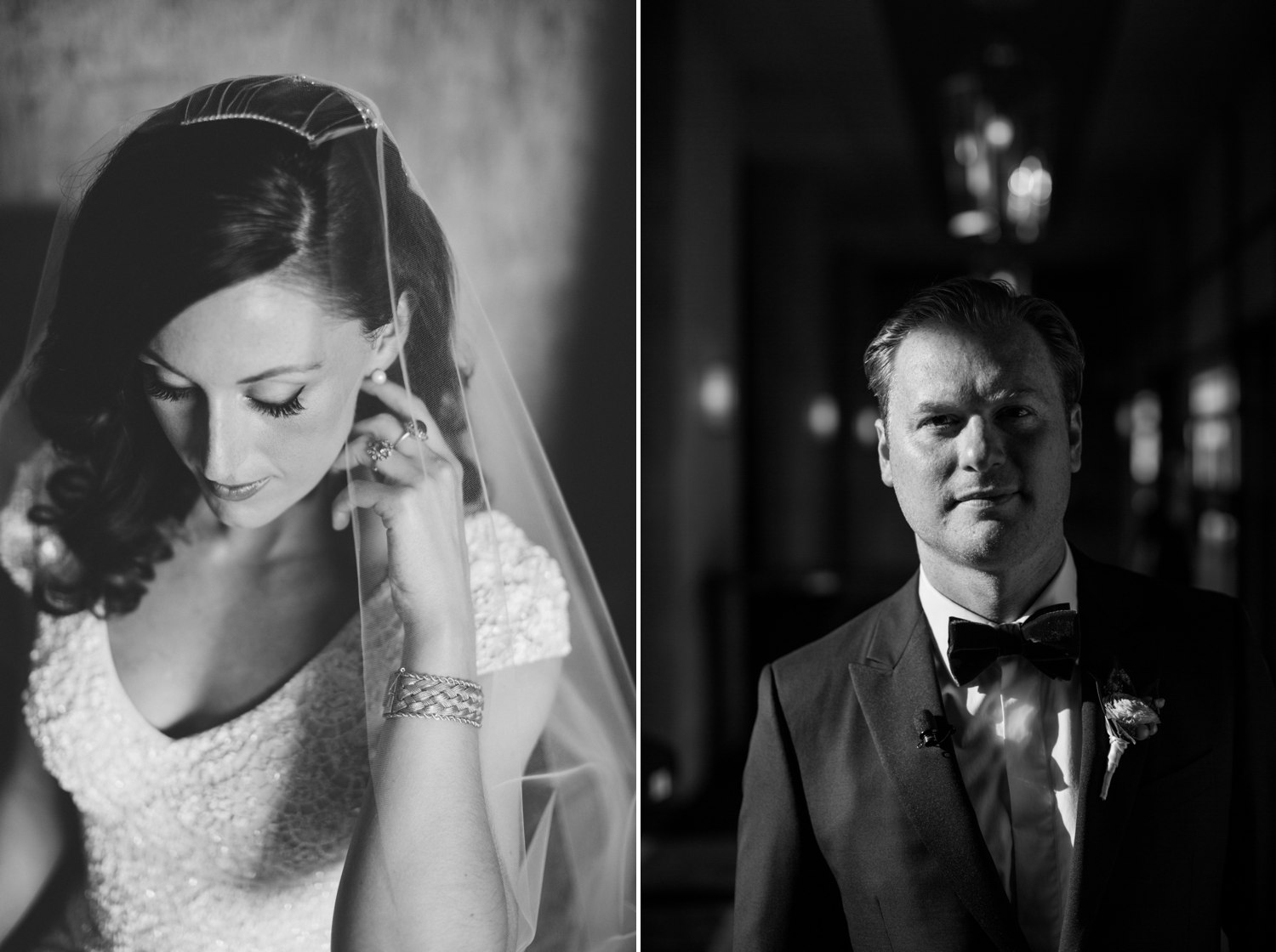 bride and groom black and white portrait
