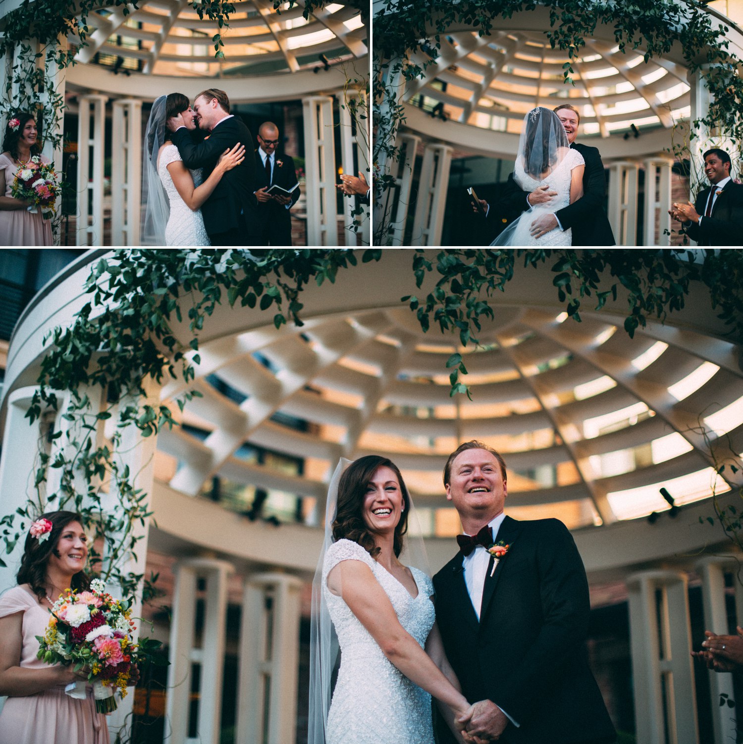 bride and groom kiss in the wedding ceremony