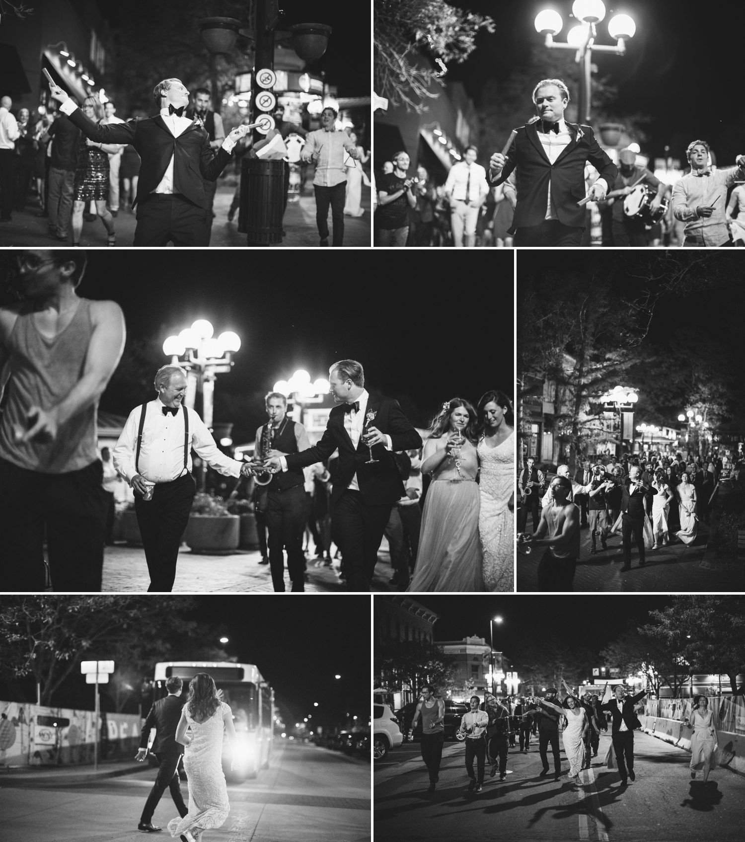 march down pearl street after wedding reception in boulder colorado