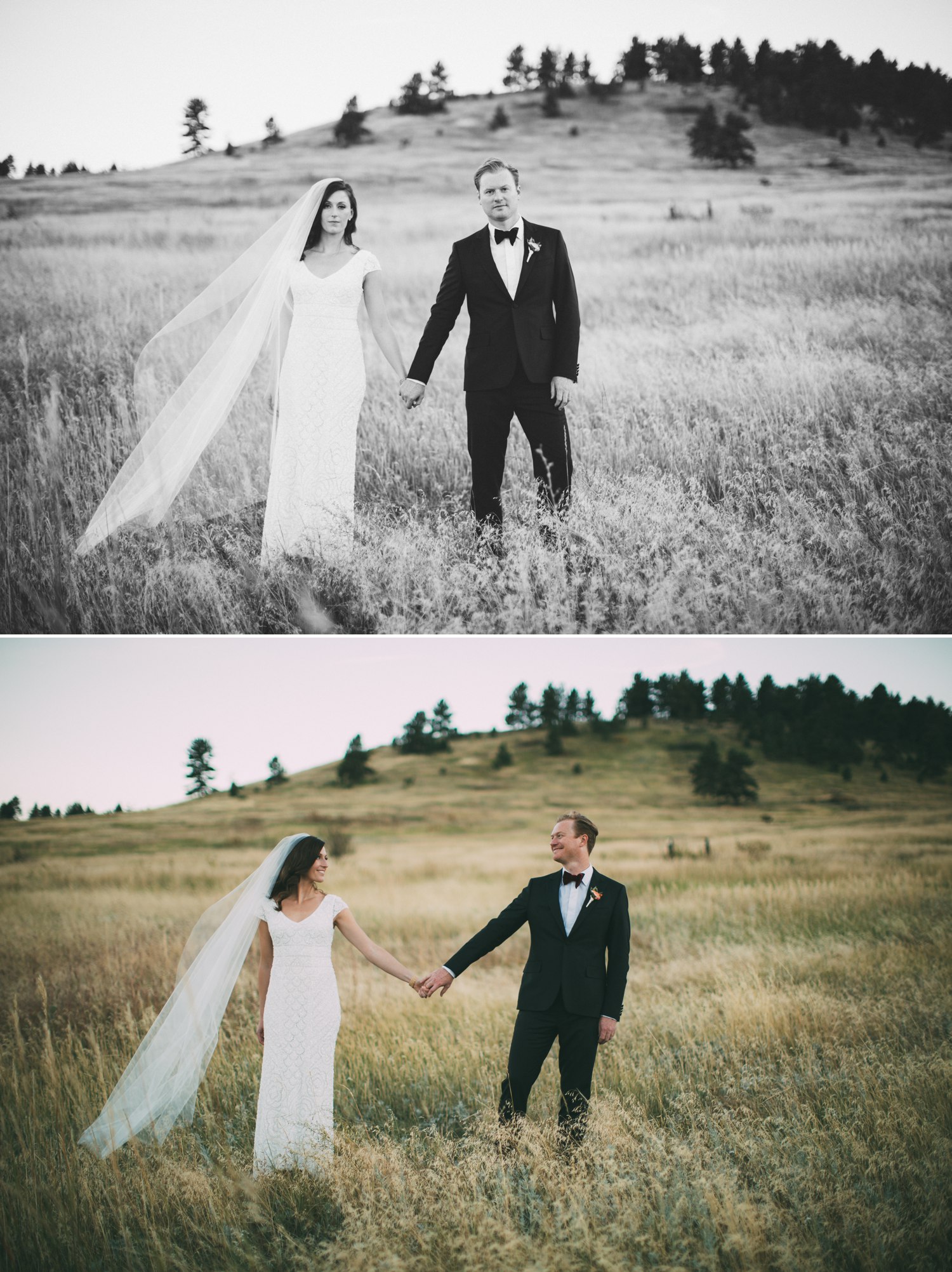 bride and groom holding hands in a meadow in the mountains