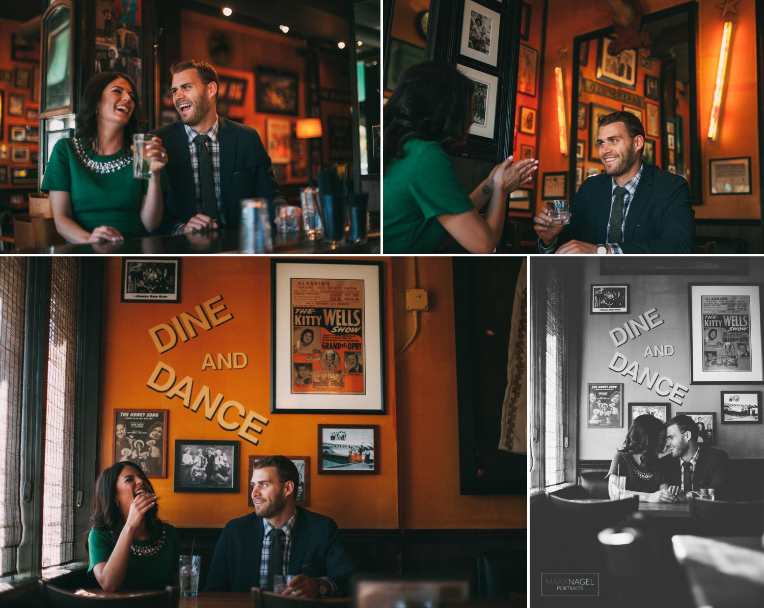engagement photo session in a bar kansas city river market