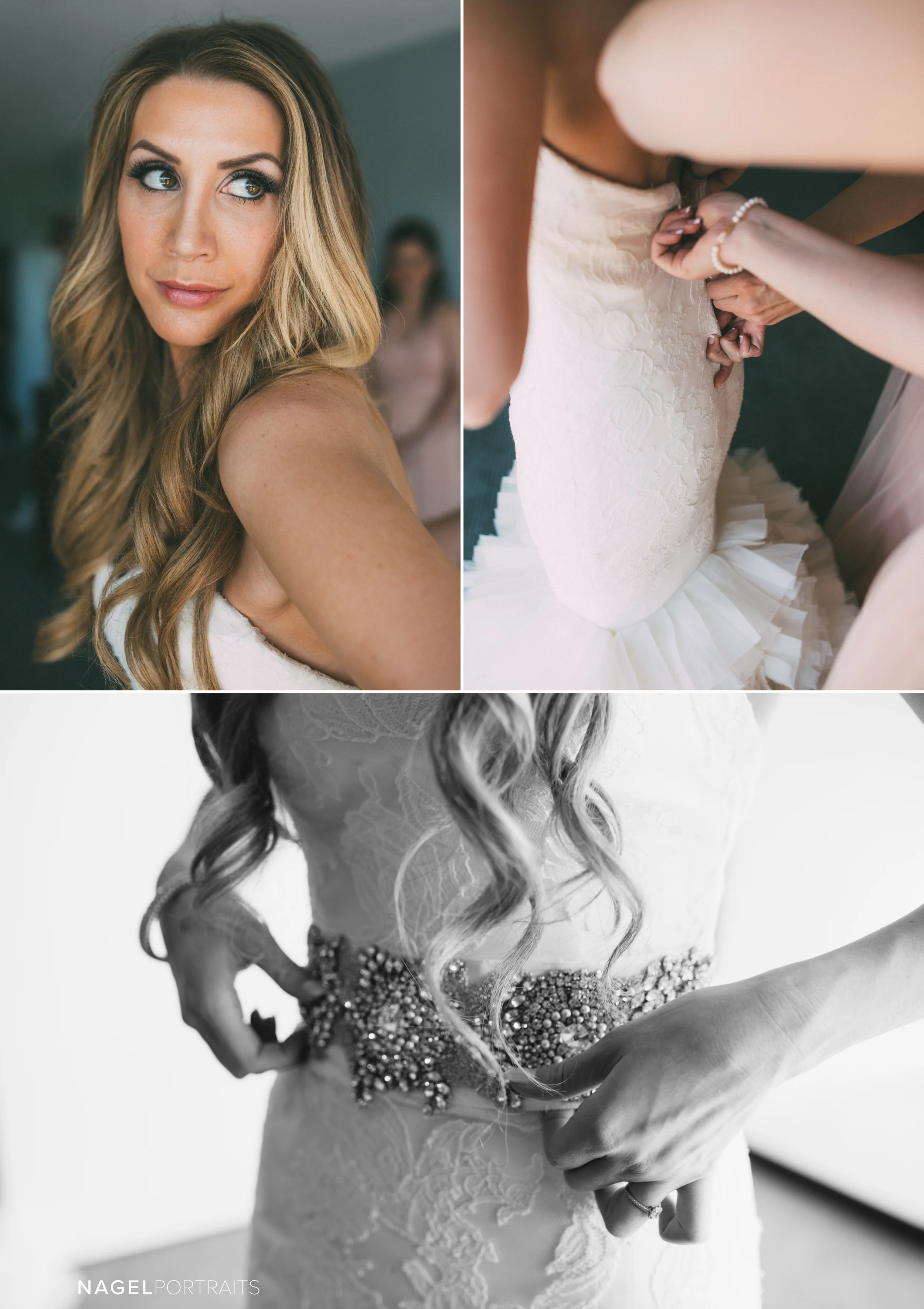 bride puts on wedding dress