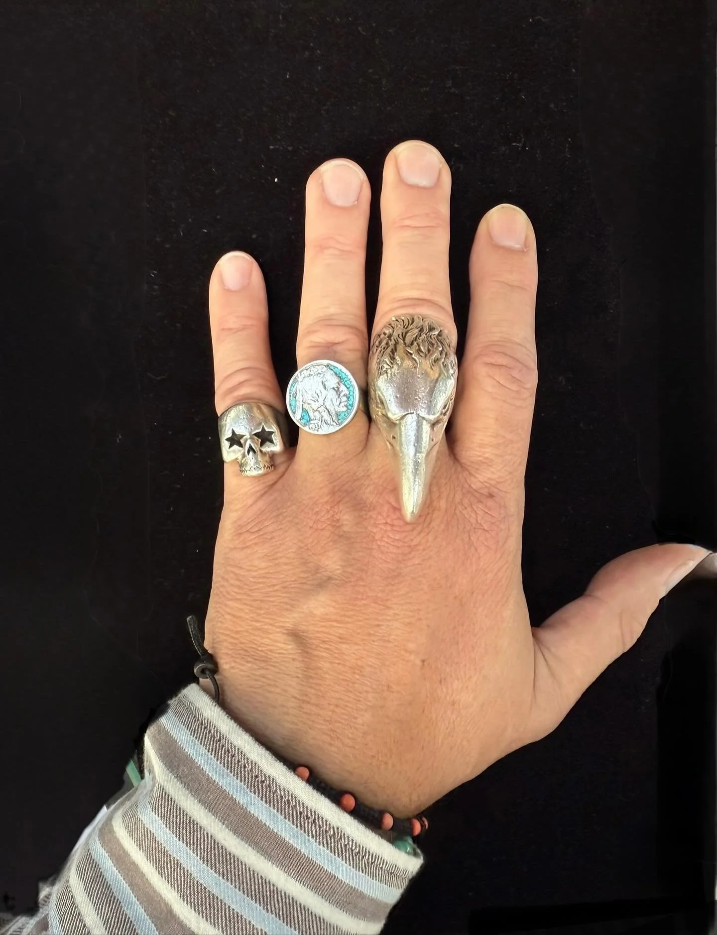 Turquoise inlaid ring found a home - looks  great ! 
Hand - courtesy of Chef/DJ @djbbq