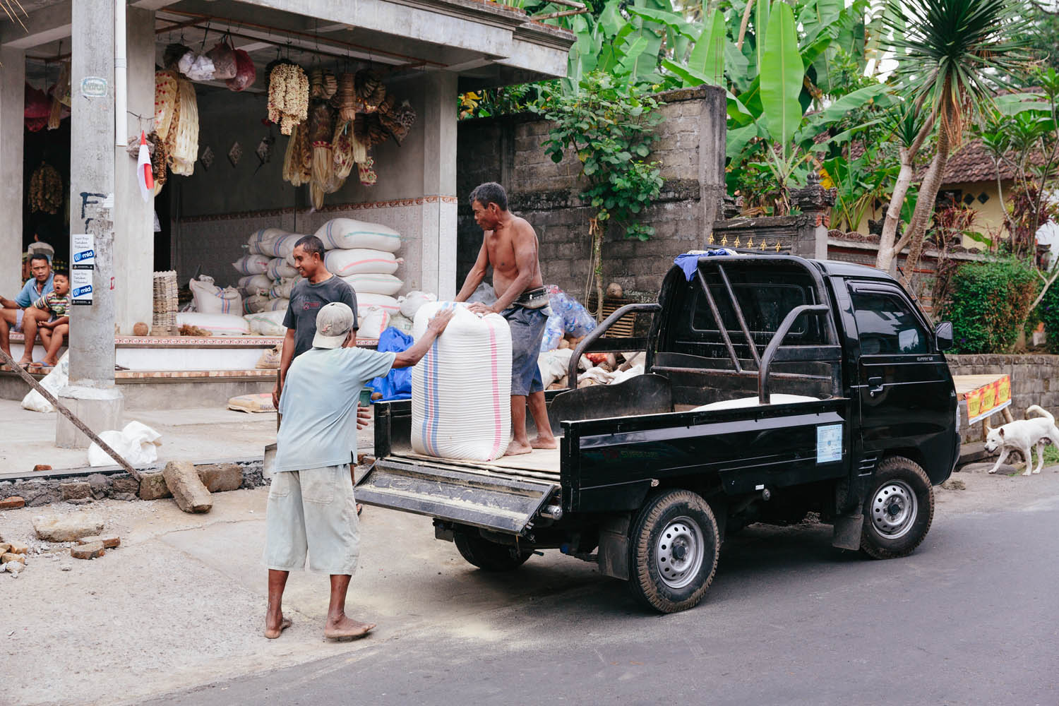 Unloading bags of rice