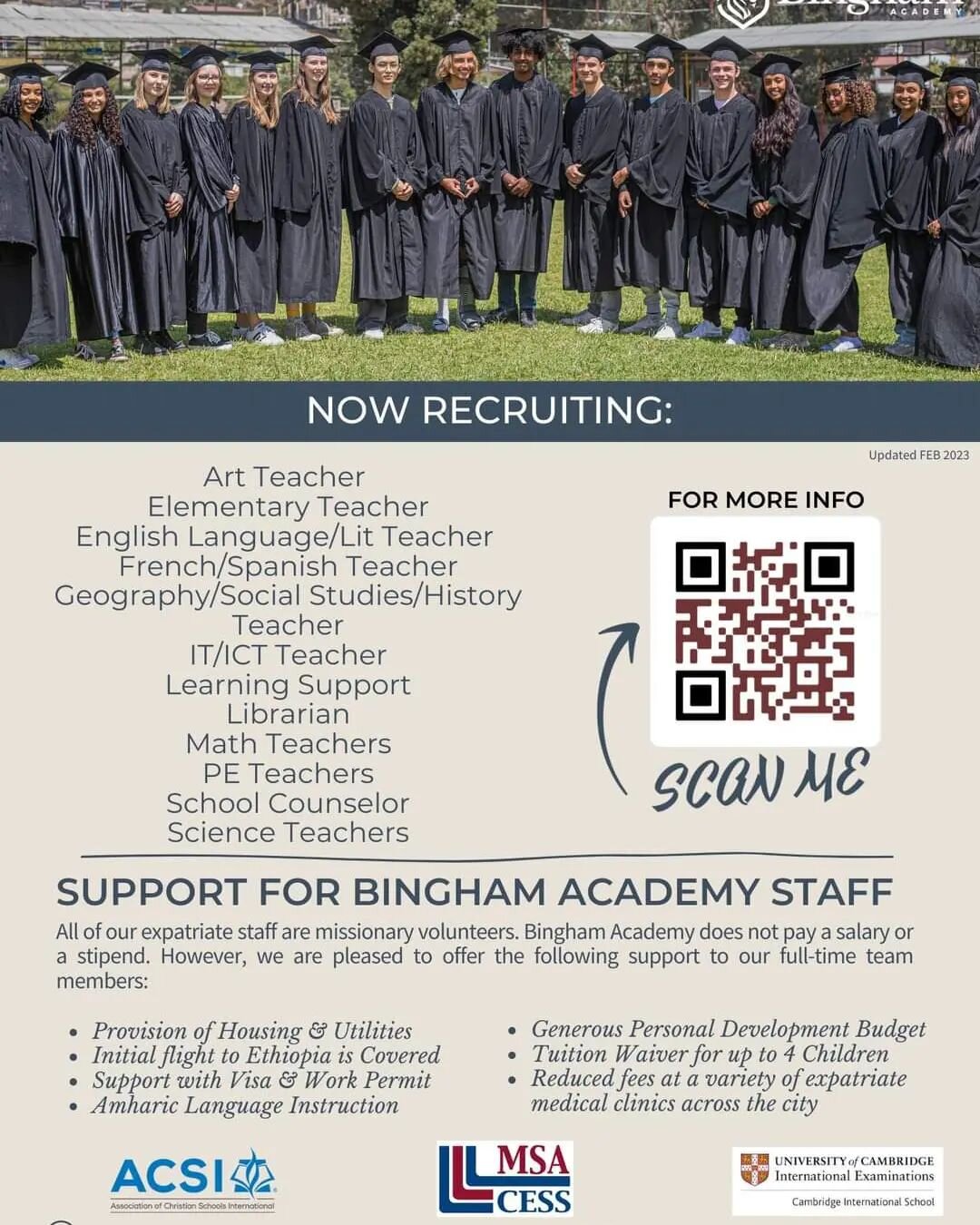 Our school is currently recruiting for the following positions for the 2023 - 2024 school year.

We would love for you to join our multi-cultural community with over 30 nations represented among our staff and student body.

Become the next Bingham Li