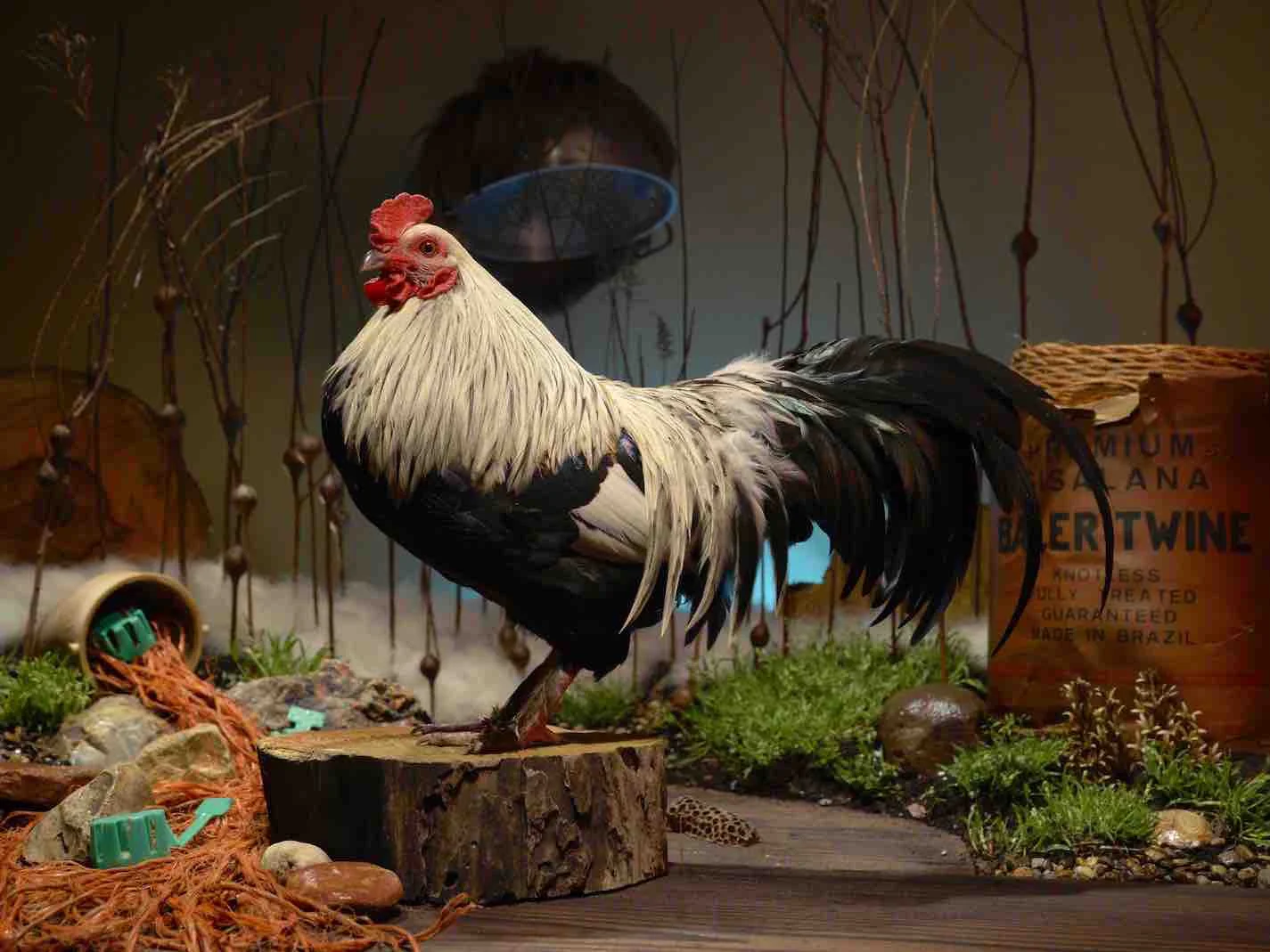 "The Outsider" Matthew Hemminghaus 2017 The Outsider is called so because usually we hatch all our chickens but this guy was given to us as an adult, hence outside of our gene pool. He was so beautiful I couldn't turn him down and drove about an hour and a half to collect him. The basis behind the set is based on my experience at the Standing Rock Indian reservation in North Dakota, where I went and protested the crossing to the Missouri river with the Dakota Access pipeline. The orange baling twine river with the green propane caps represent the oil flowing from the pvc pipe in the background, versus the all natural twine on the right side of the photo. To continue with the "Outsider" theme, there is a colander with a wig on it floating in the sky in the background, suggesting a UFO in disguise. The set is built with all materials I had collected over the course of the winter and early spring, including dog hair, goldenrod stalks, and honey bee comb. All frames are hand built using reclaimed antique wood and non reflective Ultra View glass. The mats are acid free 100% cotton rag and the images are printed using archival ink on Museo Silver Rag paper. *Shipping prices are for within the United States. To have a print shipped to another country, send me a message through the "contact" page. 