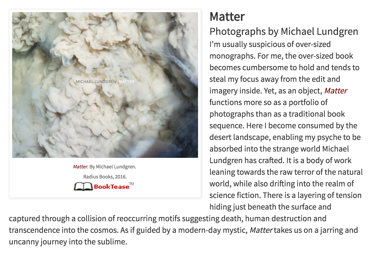 Matter listed as one of PhotoEye Bookstore's Best Books of 2016 by Antone Dolezal