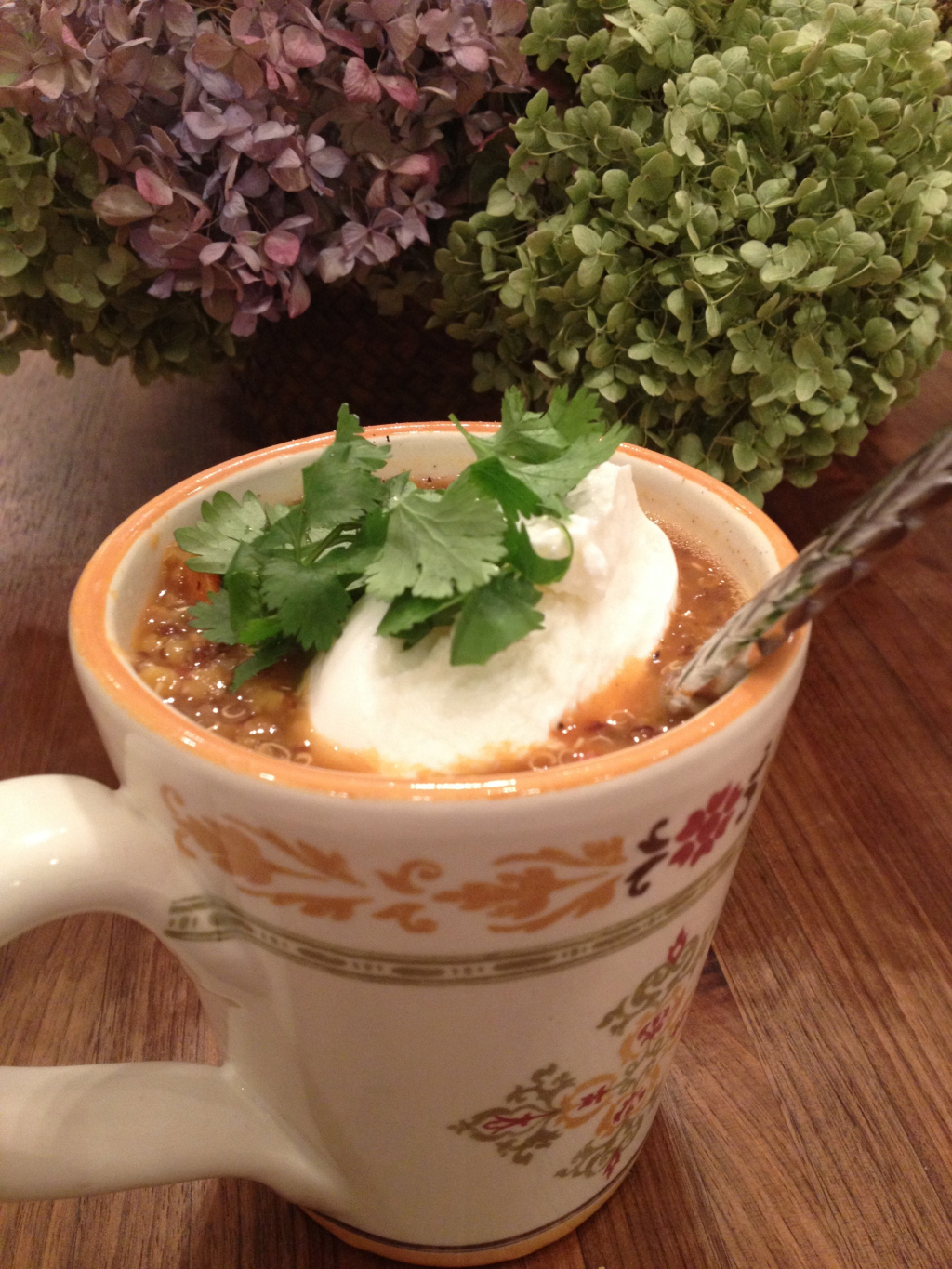 The finished product garnished with plain Greek yogurt and cilantro