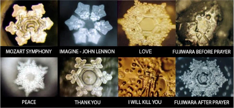 Magnified water crystals set to different energies, masaru-emoto.net (2015)