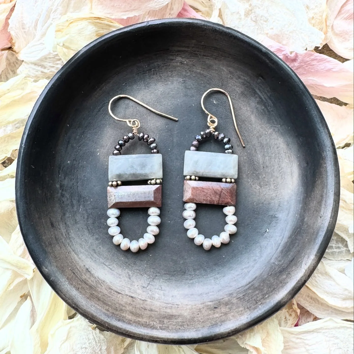 For Day 5 of the #7in7earrings challenge I made some romance for your ears. Shimmery grey &amp; chocolate moonstone with silver and peacock pearls, all wrapped with 14k gold-filled wire. These have a bit of a flapper feel to me, maybe it&rsquo;s the 