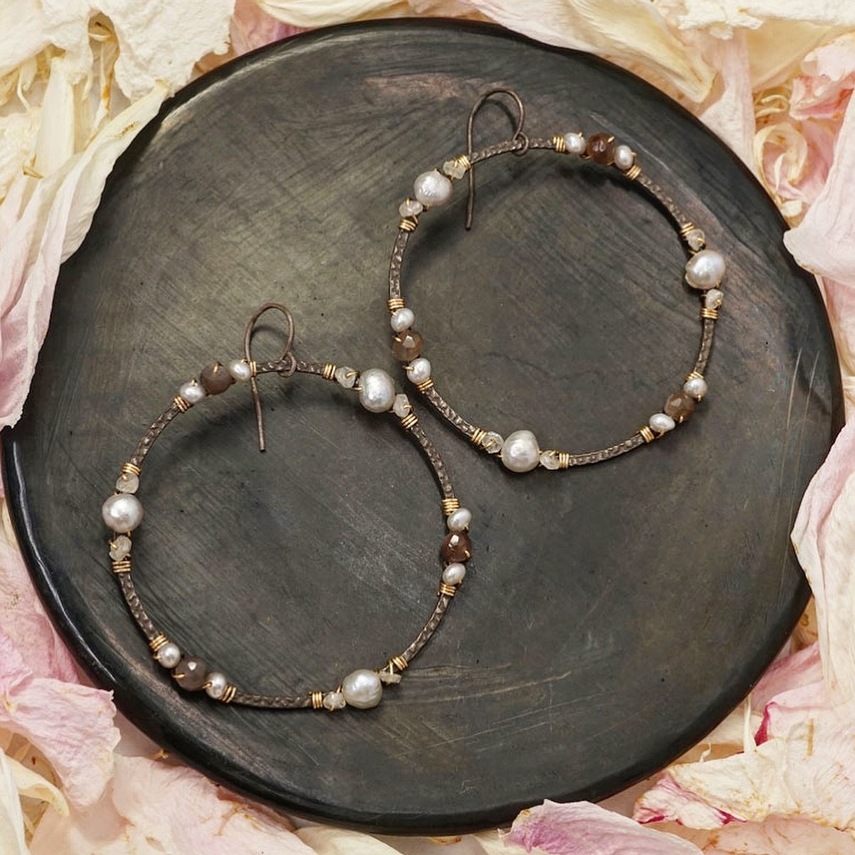 These pieces and many more will be available this Saturday, December 13th at 8am pst! The Silk Gardens collection is a calming mix of grey &amp; chocolate moonstone and colored pearls on oxidized silver and 14k gold-filled metals. I can&rsquo;t wait 