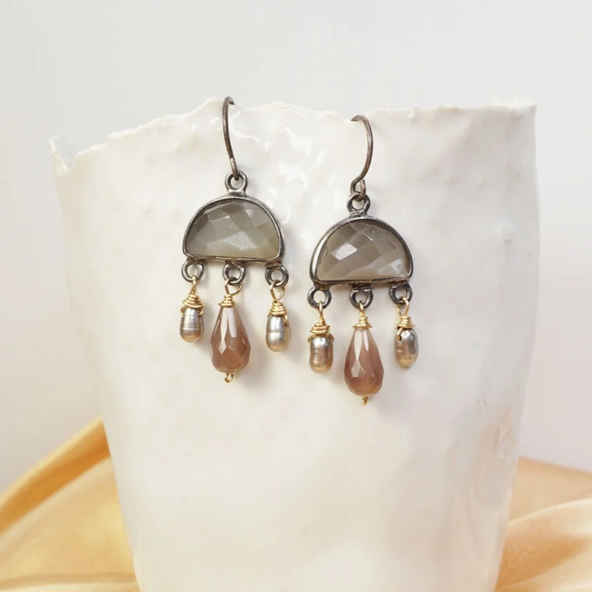 These are one of my favorite pairs from the Silk Gardens collection so I was super happy to make a pair for a lovely customer today. I named them Rainstorm earrings because they remind me of lovely grey clouds with the prettiest moonstone and pearl r