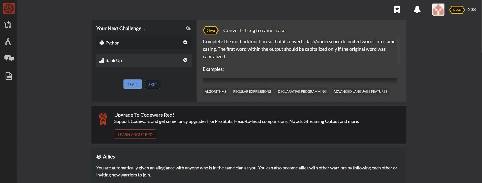 Code Wars profile view.