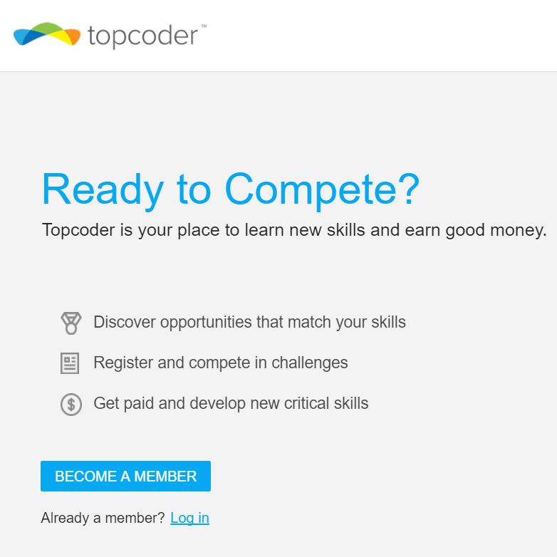 TopCoder compete login page.