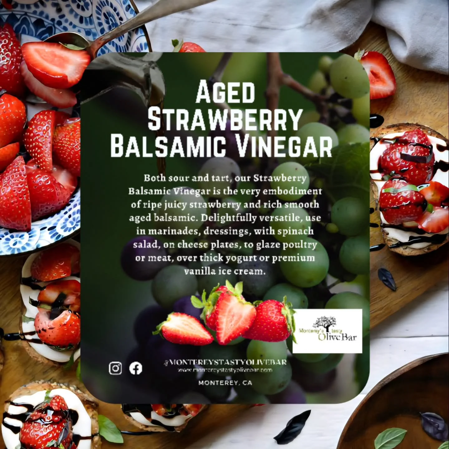 🍓🧀 TRY THIS FLAVOR COMBO 😋 :
Strawberry Balsamic Vinegar drizzled over creamy Goat Cheese on a slice of toasted baguette. The tart-sweet vinegar is the perfect counterpoint to the salty tang of the cheese. It&rsquo;s a quick and easy appetizer tha