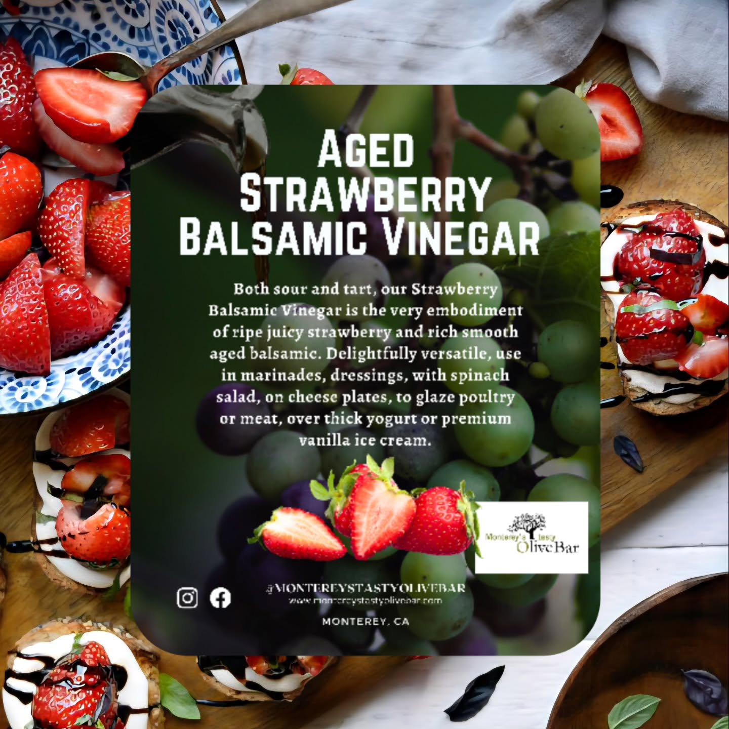 🍓🧀 TRY THIS FLAVOR COMBO 😋 :
Strawberry Balsamic Vinegar drizzled over creamy Goat Cheese on a slice of toasted baguette. The tart-sweet vinegar is the perfect counterpoint to the salty tang of the cheese. It&rsquo;s a quick and easy appetizer tha