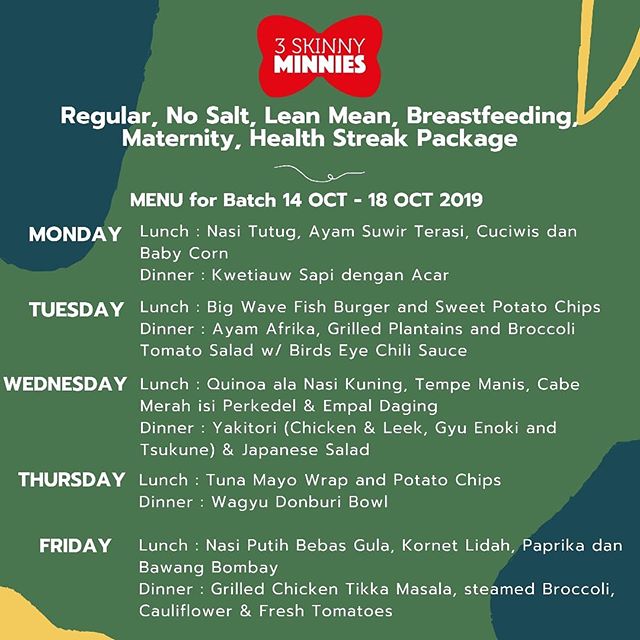 Menu for Batch 14th of October. Regular, Lean Mean, Health Streak, Breastfeeding, Health Streak Package & No Salt Package 🤗
.
.
Join our catering through our website! •••
#3skinnyminnies #healthycateringjakarta #healthycateringjkt #healthycatering #cateringdiet #cateringjkt #cateringjakarfta #jktcatering #dietcatering #cateringbsd #cateringtangerang #cateringdiet #dietcateringjakarta #SkinnyRegularPackage #SkinnyNoSaltPackage #NoSaltMeal #CateringNoSalt #TanpaGaram #CateringTanpaGaram