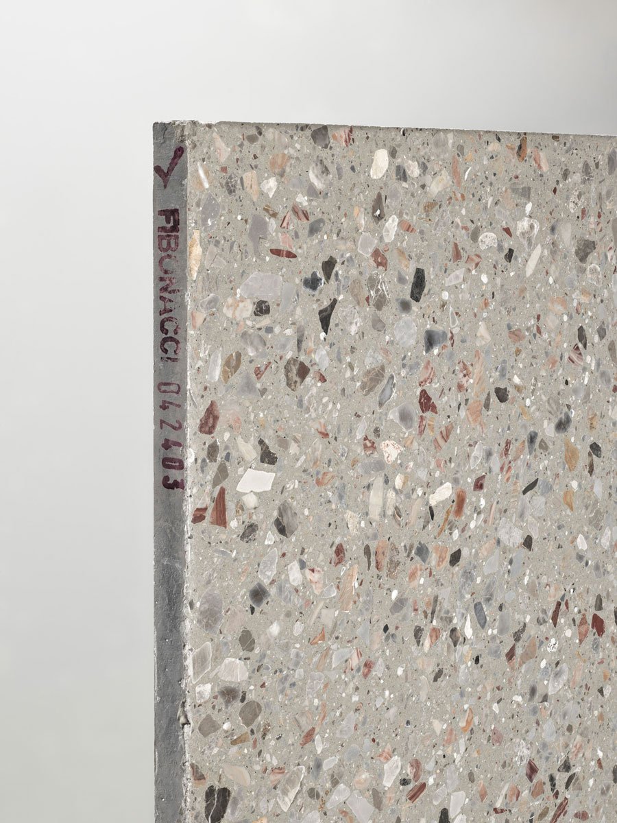 Close up of Fibonacci Spicy Denim terrazzo slab