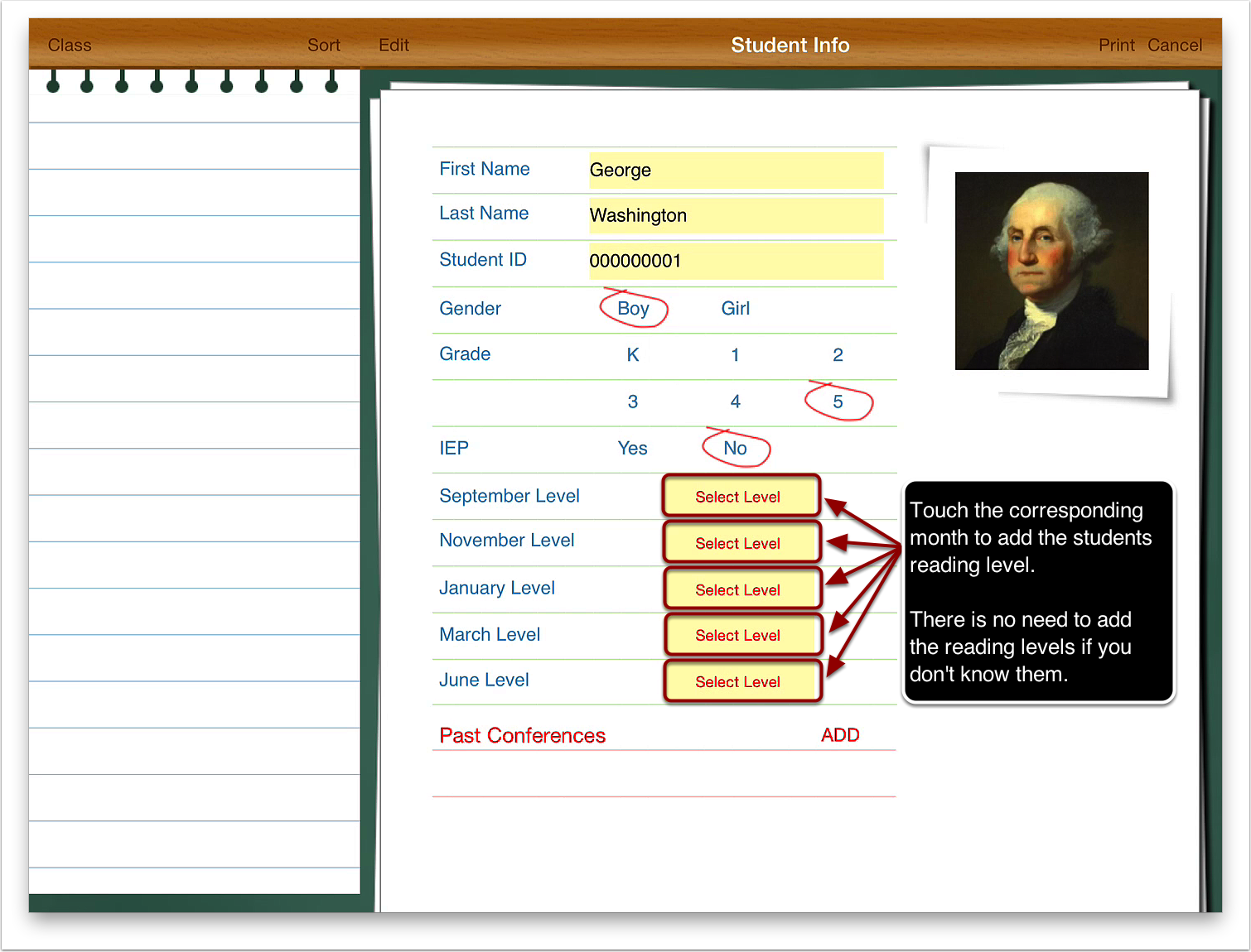 Press the Select Level button for the appropriate month to add the reading level for the student. There is no need to add the reading levels if you don't know them. You can leave them blank. 
