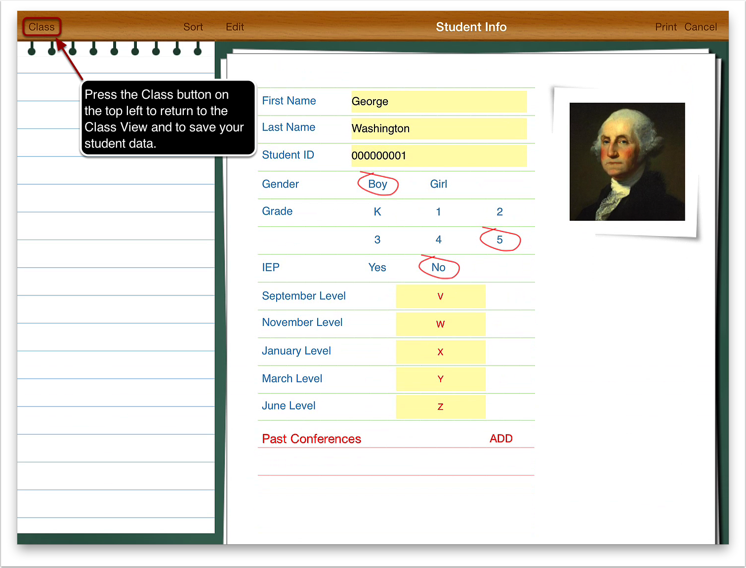 Press the Class button on the top left to return to the class view and save your student data.