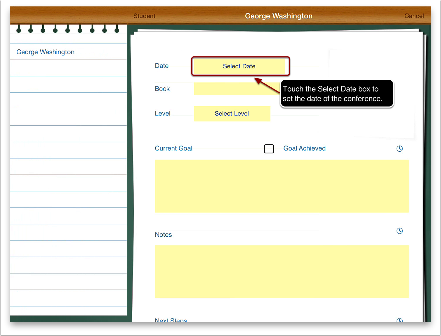 3. Touch the Select Date box to set the date of the conference.