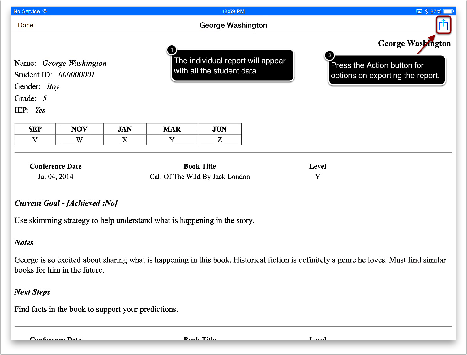 3a. The individual report will appear with all the students data. 3b. Press the Action button for options on exporting the report.