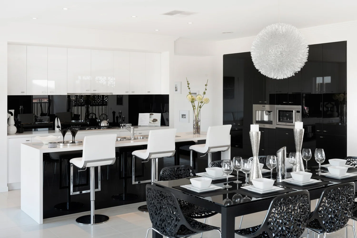 Modern basic palate kitchen and dining open plan design.
