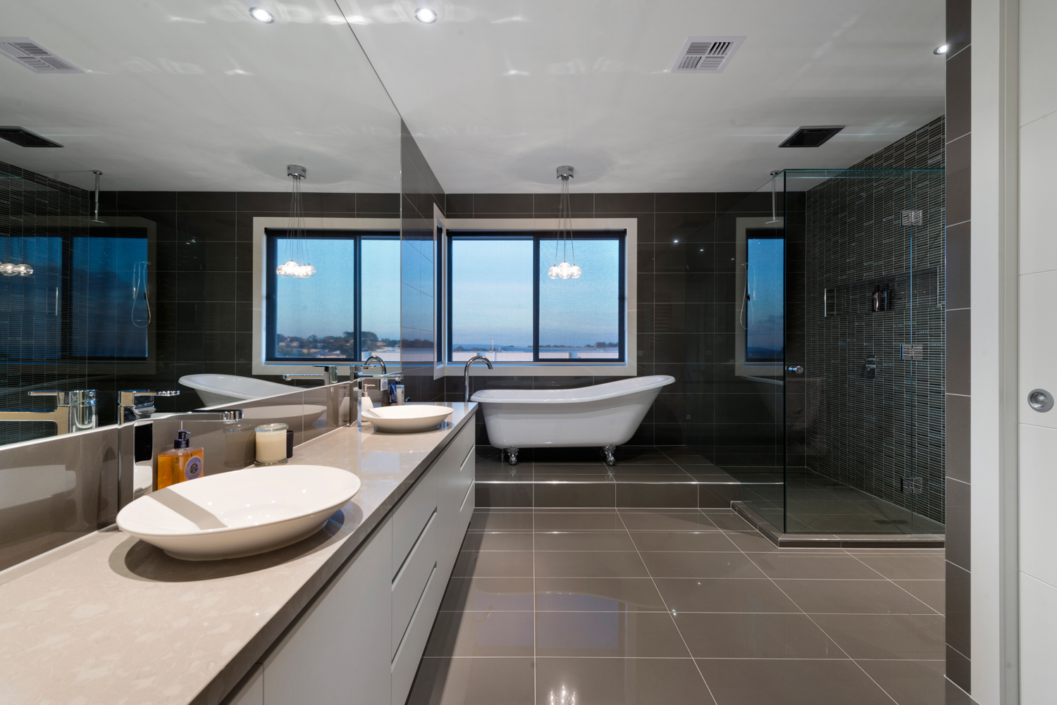 Contemporary Bathroom design with free standing tub.