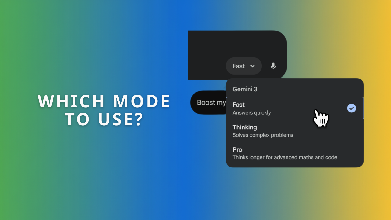 The image shows the text which mode to use alongside a screenshot of Gemini showing the modes Fast Thinking and Pro.