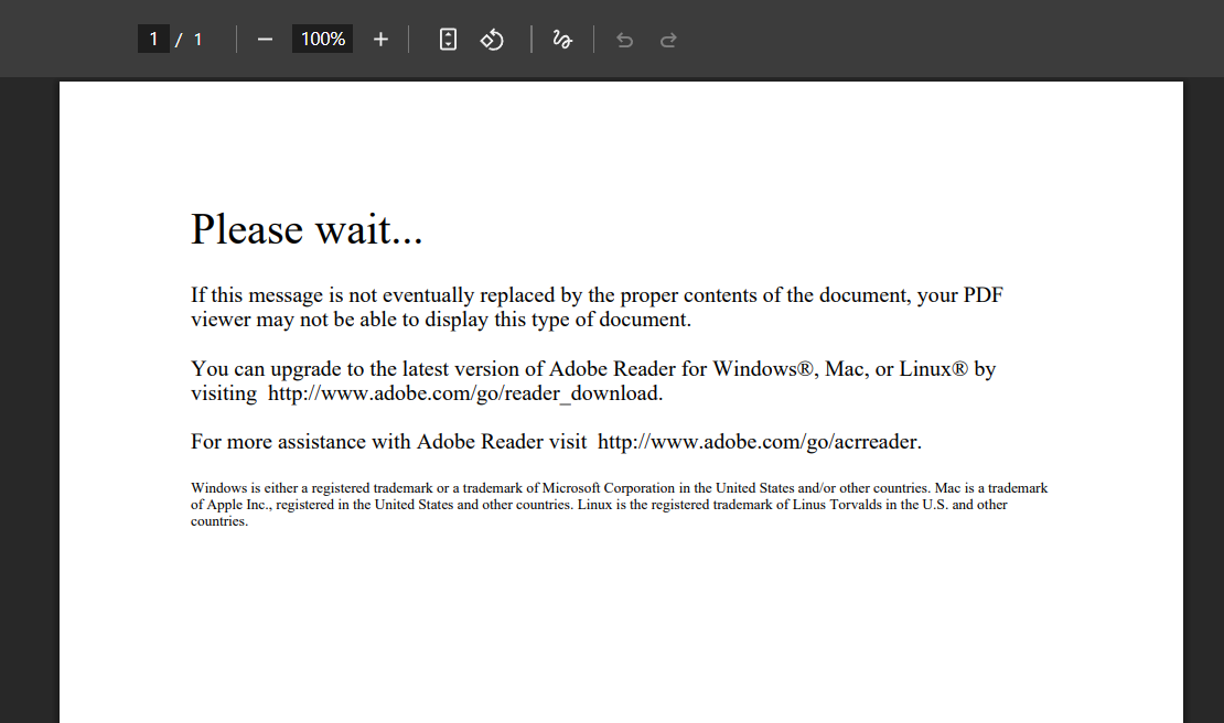 Screenshot of a web browser showing the 'Please wait' error message that appears when an HMRC PDF fails to load, asking the user to download Adobe Reader.