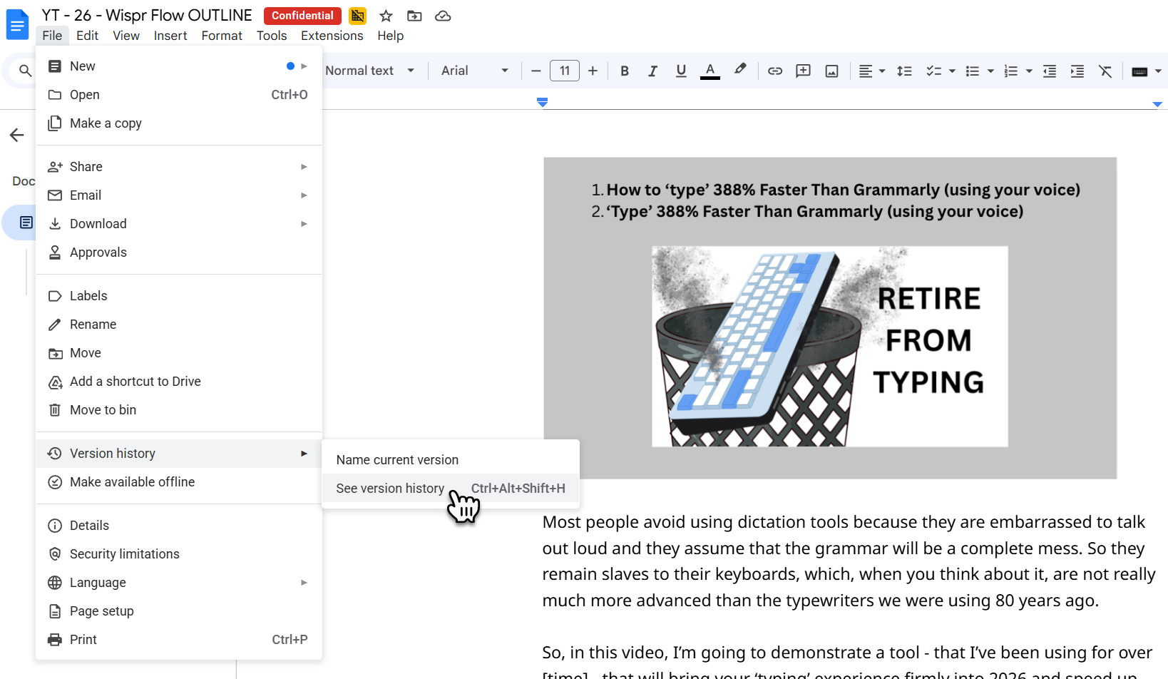 The image is a screenshot of a Google Doc showing the File menu open, Version History highlighted, and the mouse cursor on the "See Version History" button.