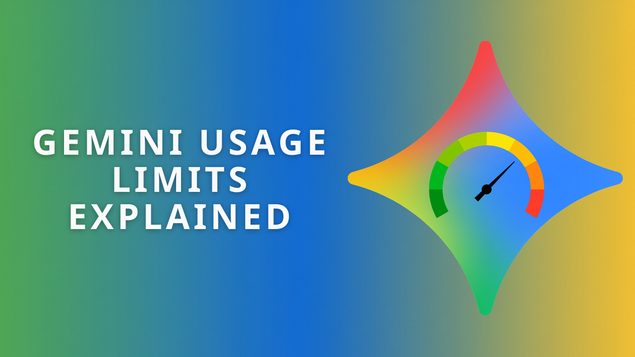 Gemini Usage Limits Explained' next to a colourful Gemini star logo that contains a analogue usage gauge.