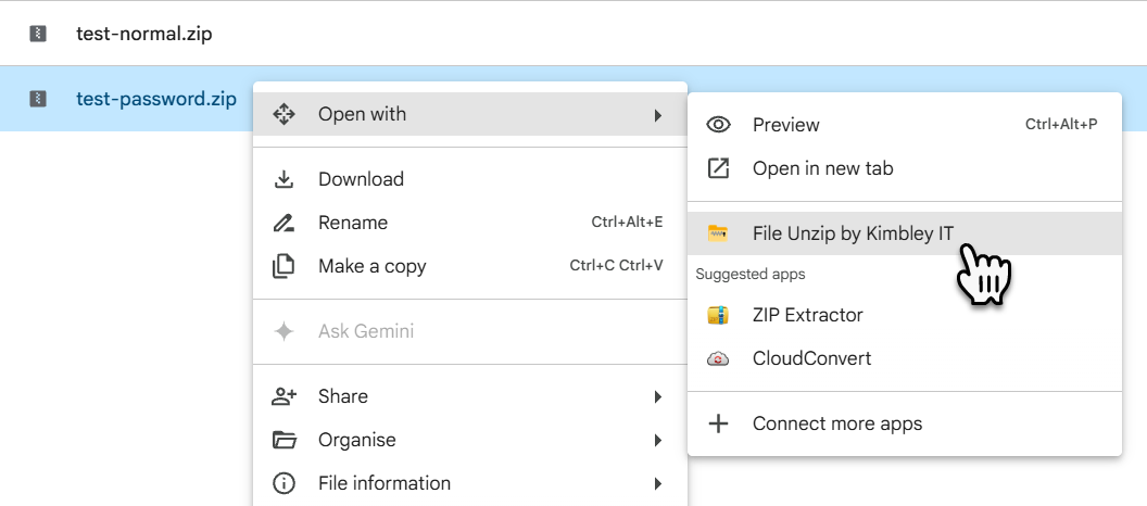 A screenshot of Google Drive showing a zip file that was right‑clicked, the Open with menu opened, and the “File Unzip by Kimbley IT” option selected.