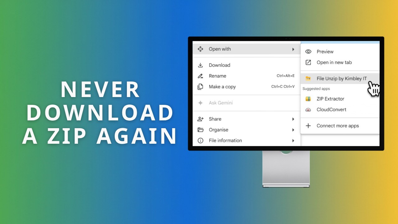 The header image displays the phrase “Never download a zip again,” featuring a monitor and a screenshot of someone using the File Unzip by Kimbley IT service.