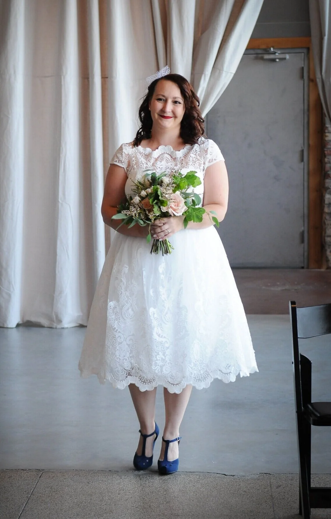 This old-school-cool bride, Heather, looks like she’s bursting with happiness and she takes her solo walk down the aisle (in the most amazing vintage dress)!
