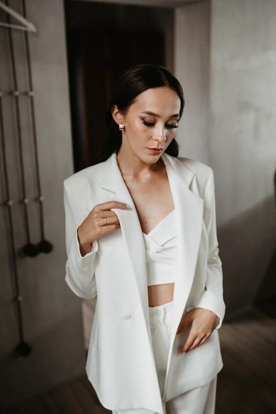 8 Bridal Suits for Fashion-Forward Ladies White Suit with a Crop Top