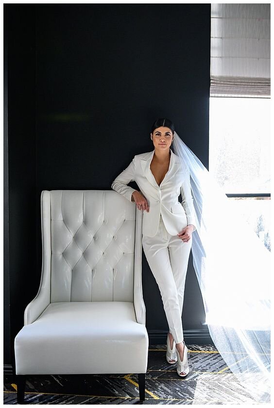 8 Bridal Suits for Fashion-Forward Ladies White Suit Jacket with Cathedral Veil