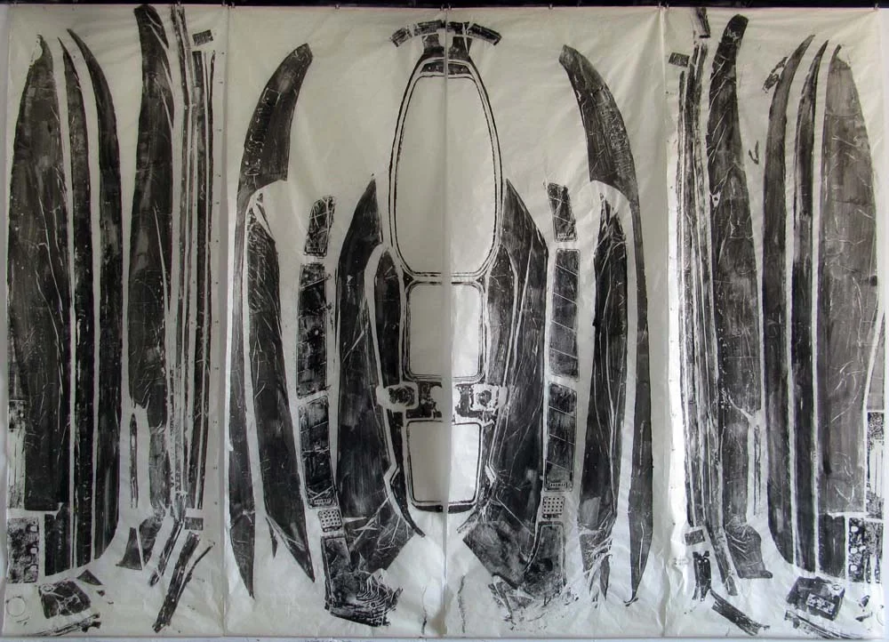 “Jet Ski (Outer)” 2011. Hand printed with Sumi ink on Kozo-Shi. 192″ x 144″
